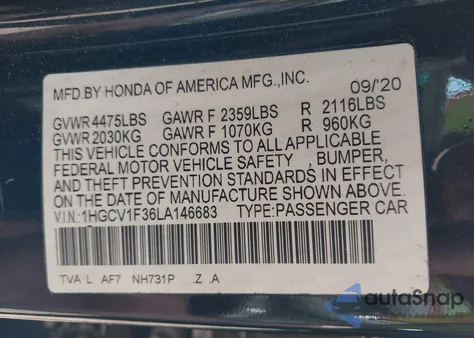 2020 Honda Accord Sport из США, поврежденный, VIN 1HGCV1F36LA146683